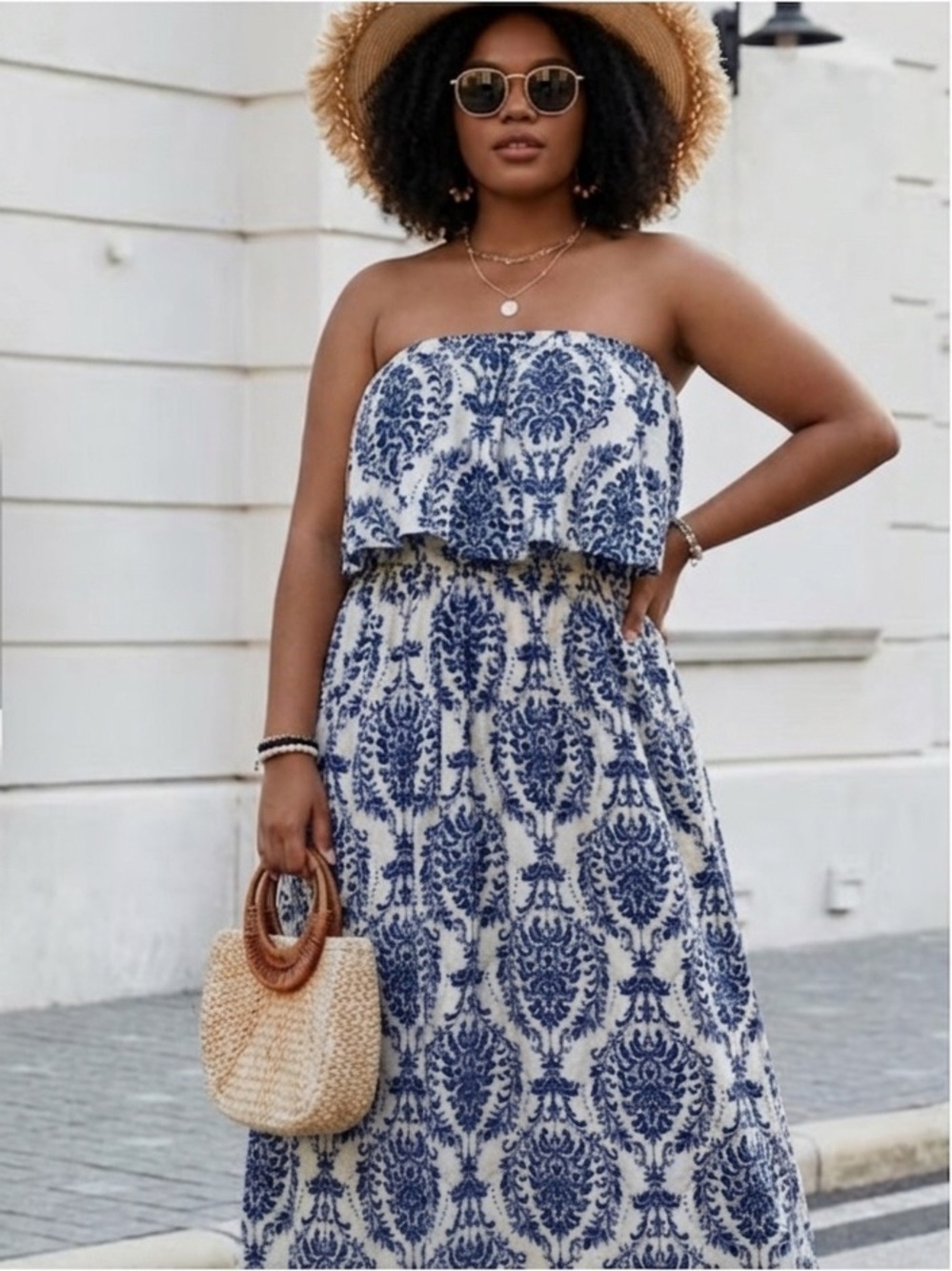SHEIN Blue and Tan Damask Boho Ruffle Strapless Maxi Dress 1X